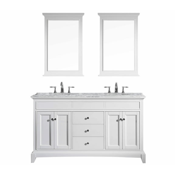 Eviva Elite Stamford 60" White Solid Wood Bathroom Vanity Set with Double OG White Carrara Marble Top & White Undermount Porcelain Sinks