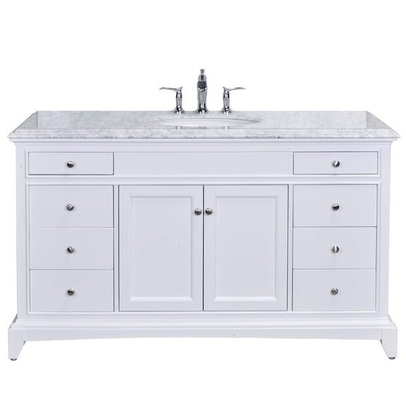 Eviva Elite Stamford 60" White Solid Wood Single Bathroom Vanity Set with Double OG white carrara marble & White Undermount Porcelain Sink