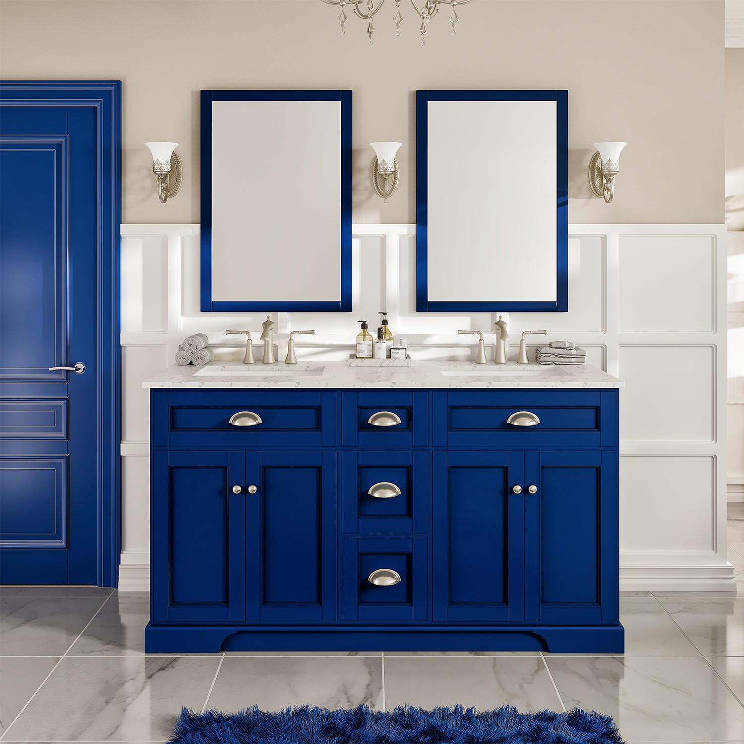 Epic Blue Solid Wood Double Sink Bathroom Vanity with Quartz Top