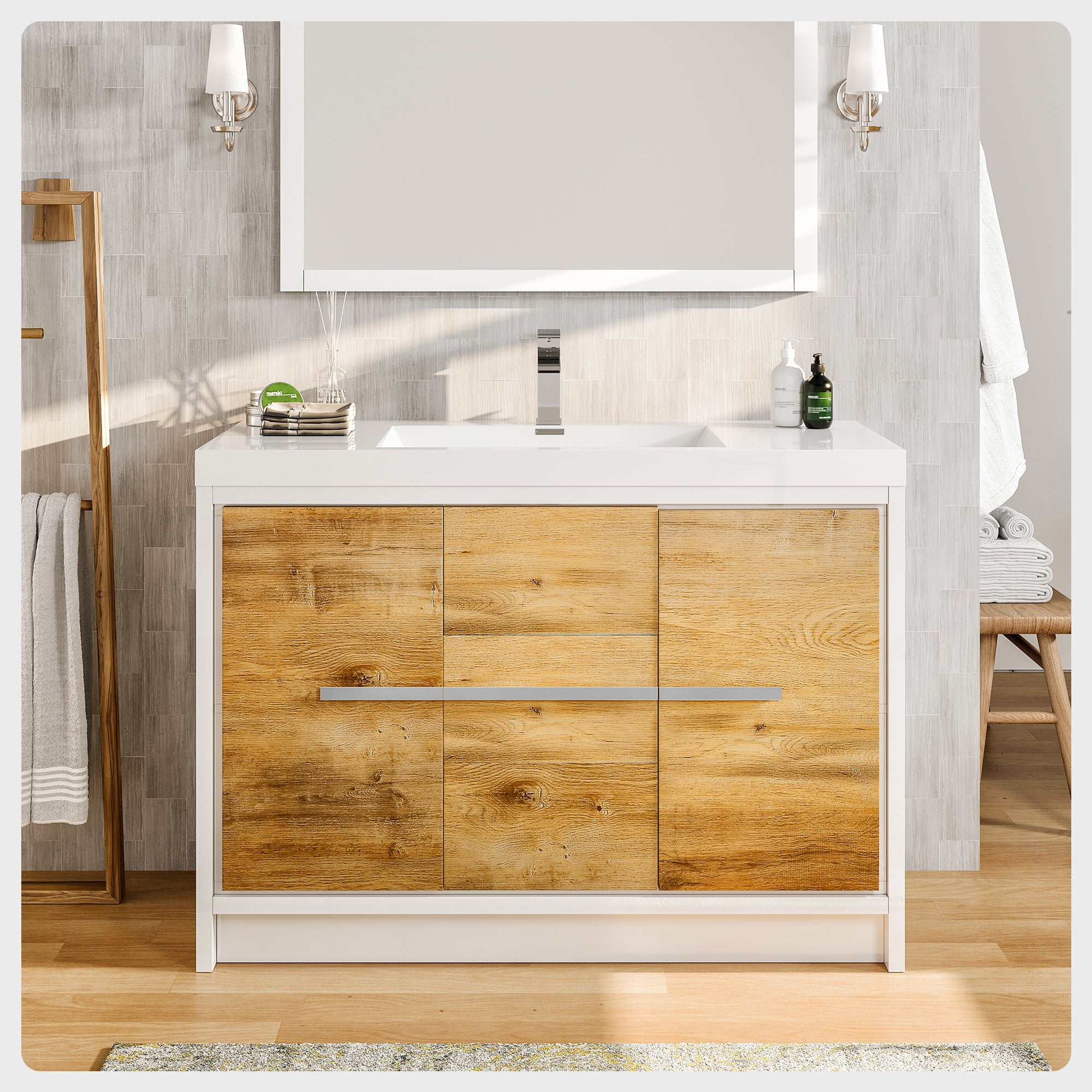 Natural Oak and White Freestanding Single Sink Bathroom Vanity