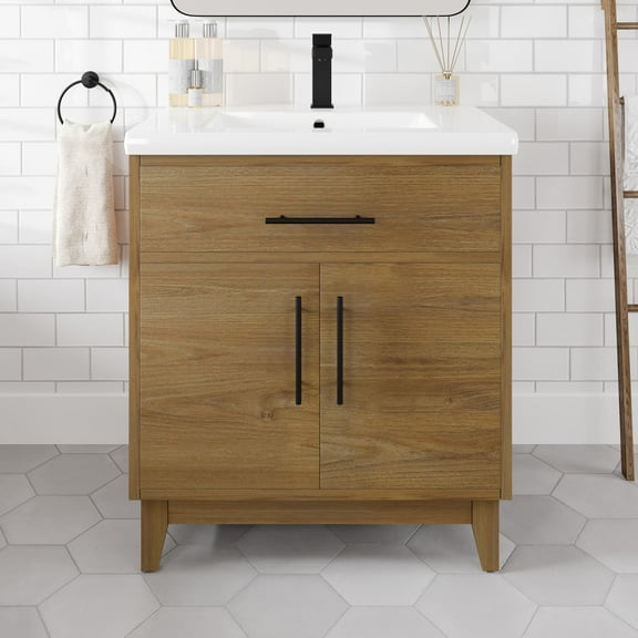 Eviva Graham 30"W x 19"D Oak Bathroom Vanity with White Porcelain Countertop and Integrated Sink