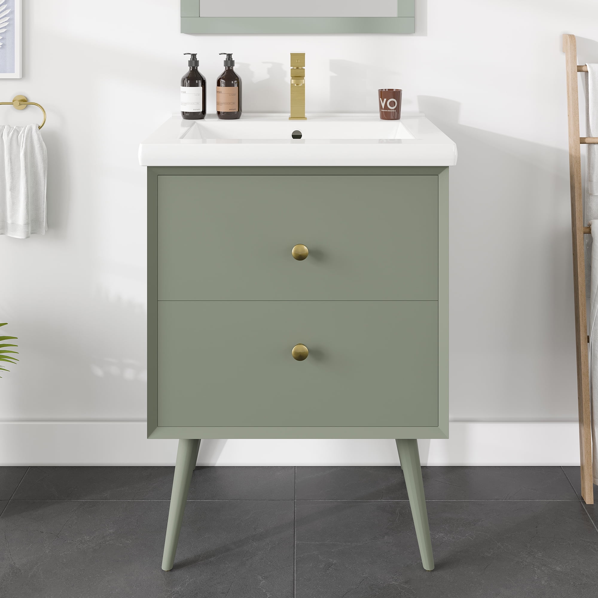 Eviva Green 24"W x 18"D Vintage Green Bathroom Vanity with White Porcelain Countertop and Integrated Sink