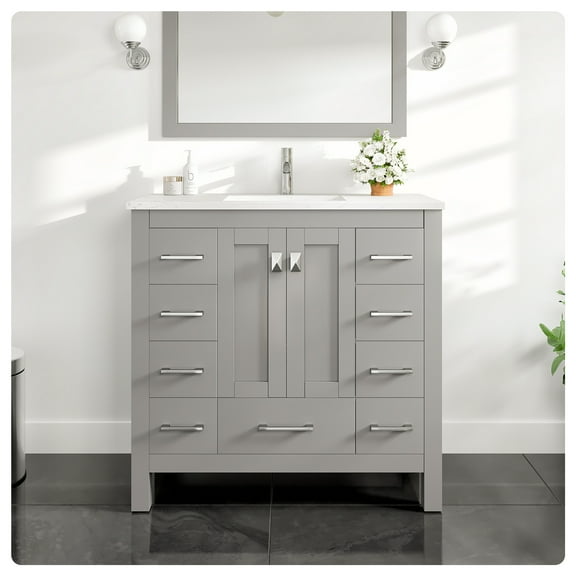 Eviva Hampton 36"W x 18"D Gray Bathroom Vanity with White Quartz Vanity Top and Rectangular Undermount Sinks