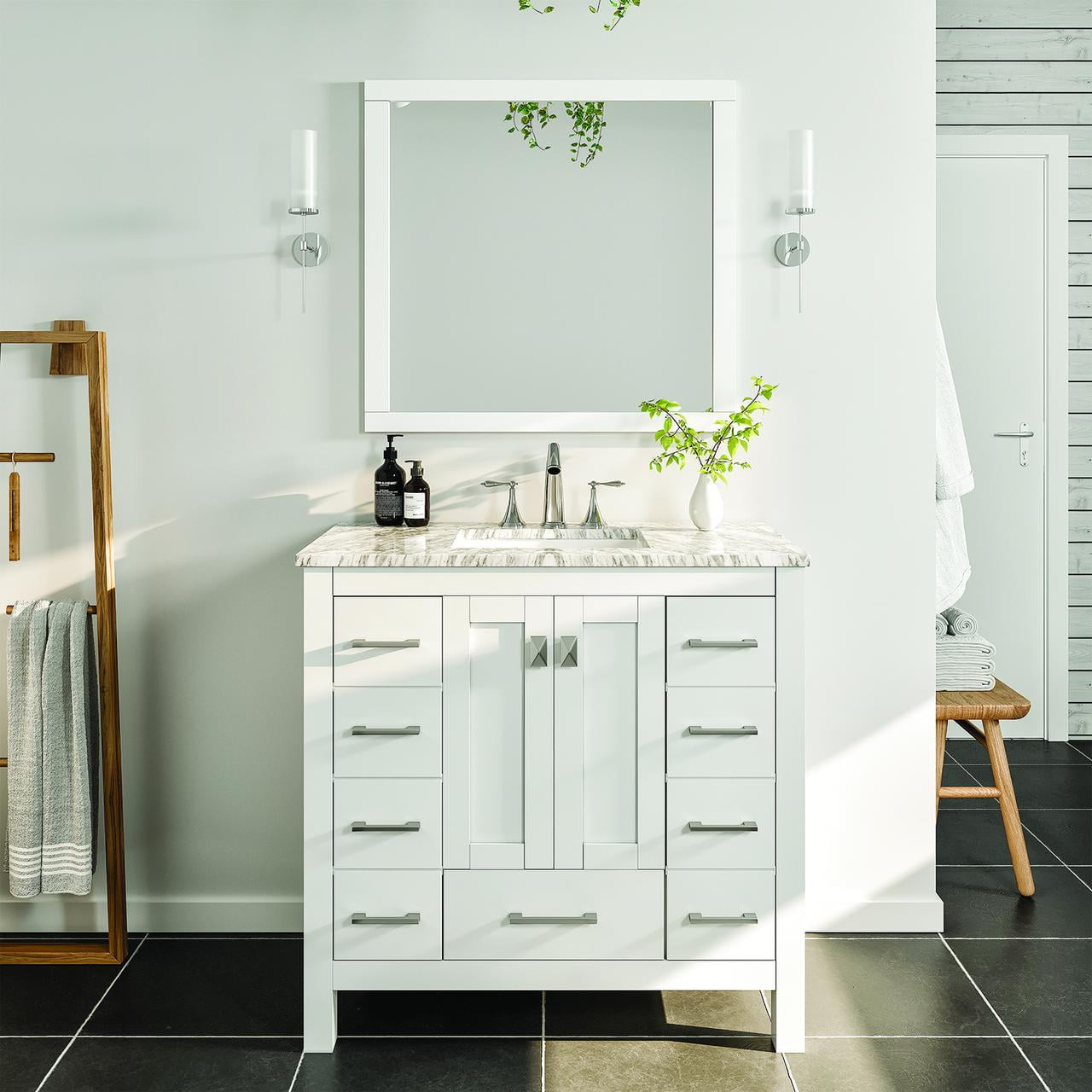 Hampton 36" White Solid Wood Bathroom Vanity with Carrara Marble Top
