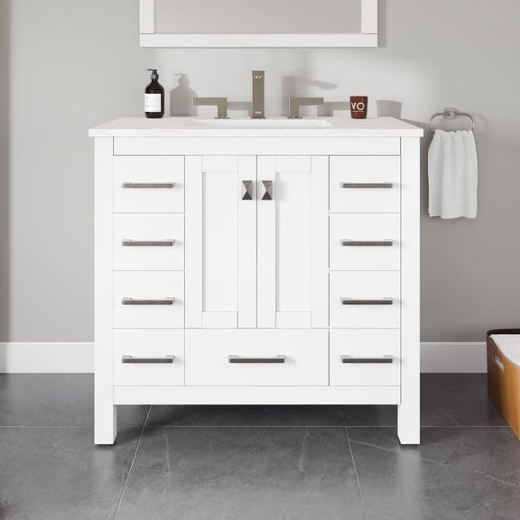 Eviva Hampton 36 in. White Single Sink Bath Vanity with Carrara Quartz Top and Undermount Porcelain Sink