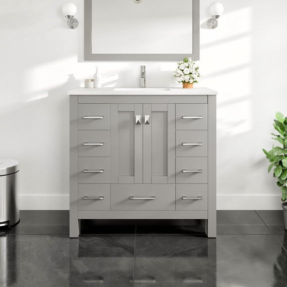 Eviva Hampton 36" x 18" Gray Transitional Bathroom Vanity with White Carrara Quartz Countertop