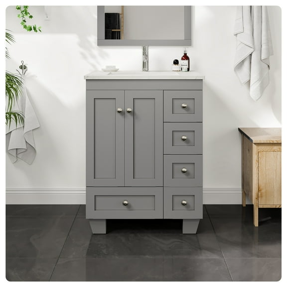 Eviva Happy 24"W x 18"D Gray Bathroom Vanity with White Carrara Quartz Countertop and Undermount Porcelain Sink