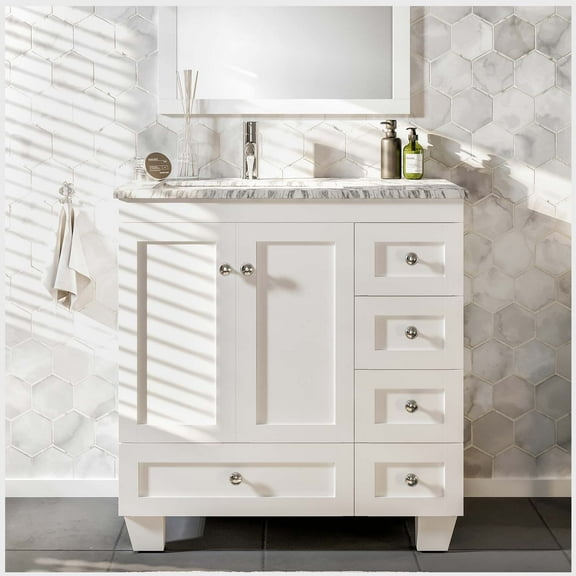 Eviva Happy 30" W x 18" D x 34" H White Bathroom Vanity with White Carrara Marble Counter-Top