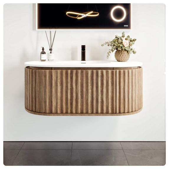 Eviva Haven 39"W x 22"D Medium Oak Wall-mounted Bathroom Vanity with White Solid Surface Integrated Sink Top