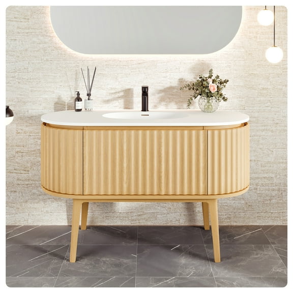 Eviva Haven 48"W x 22"D Oak Freestanding Bathroom Vanity with White Solid Surface Integrated Sink Top