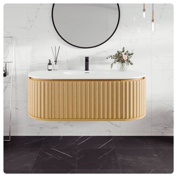 Eviva Haven 48"W x 22"D Oak Wall-mounted Bathroom Vanity with White Solid Surface Integrated Sink Top