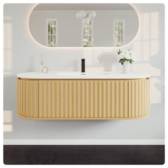 Eviva Haven 55"W x 22"D Oak Wall-mounted Bathroom Vanity with White Solid Surface Integrated Sink Top