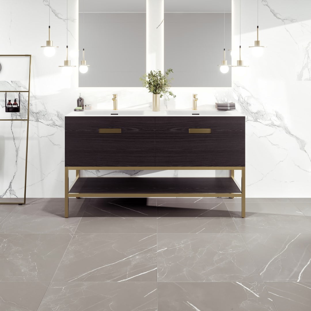 Eviva Iris 59"W x 19"D Gray Oak Freestanding Double Sink Bathroom Vanity with White Solid Surface Integrated Double Sink Top