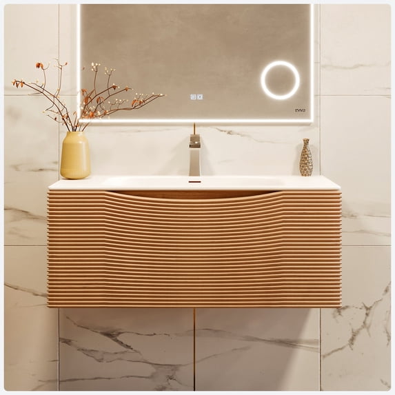 Eviva Leah 32 Inch Made in Spain Medium Oak Wall Mount Bathroom Vanity
