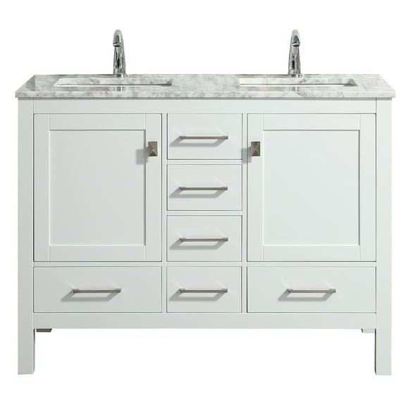 Eviva London 48" Transitional White bathroom vanity with white Carrara marble and double Porcelain Sinks