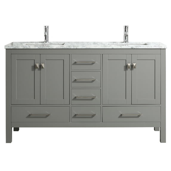 Eviva London 60 x 18 inch Gray Transitional Double Sink Bathroom Vanity with White Carrara Marble Countertop and Undermount Porcelain Sinks
