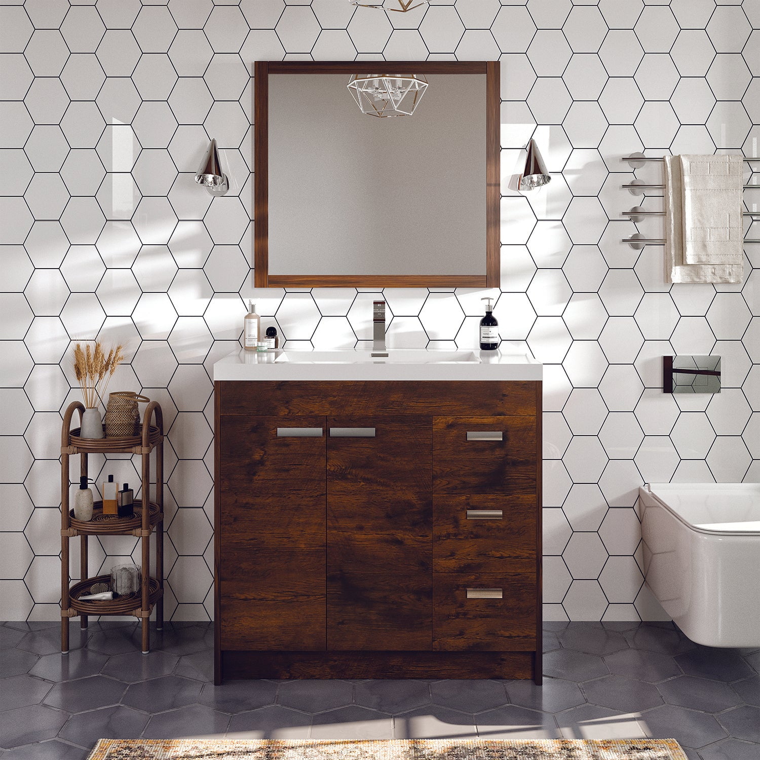 Lugano 36" Rosewood Modern Bathroom Vanity with White Acrylic Top