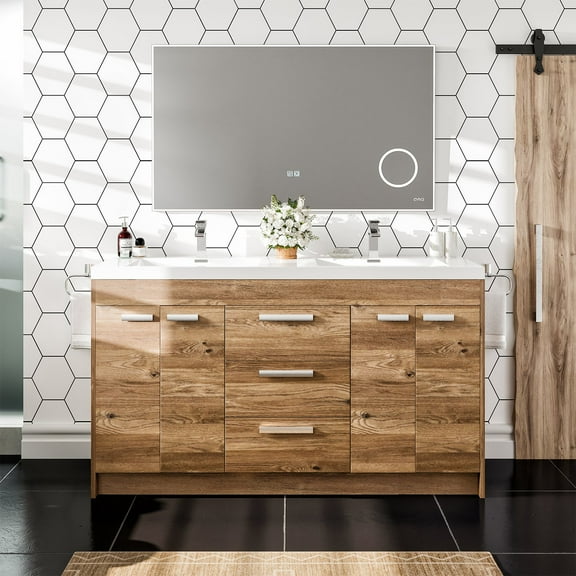 Eviva Lugano 60" Natural Oak Modern Double Sink Bathroom Vanity w/ White Integrated Top