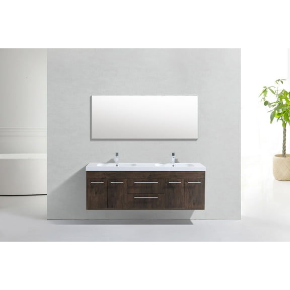 Eviva Lugano 60" Rosewood Modern Bathroom Vanity Wall Mount with White Integrated Acrylic Double Sink
