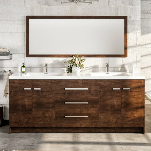Eviva Lugano 84" Rosewood Modern Bathroom Vanity with White Integrated Acrylic Double Sink