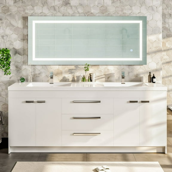 Eviva Lugano 84" White Modern Bathroom Vanity with White Integrated Acrylic Double Sink