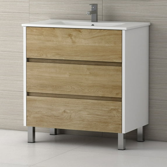 Eviva Majesty 32" Bathroom Vanity with White Integrated Sink in Oak Finish