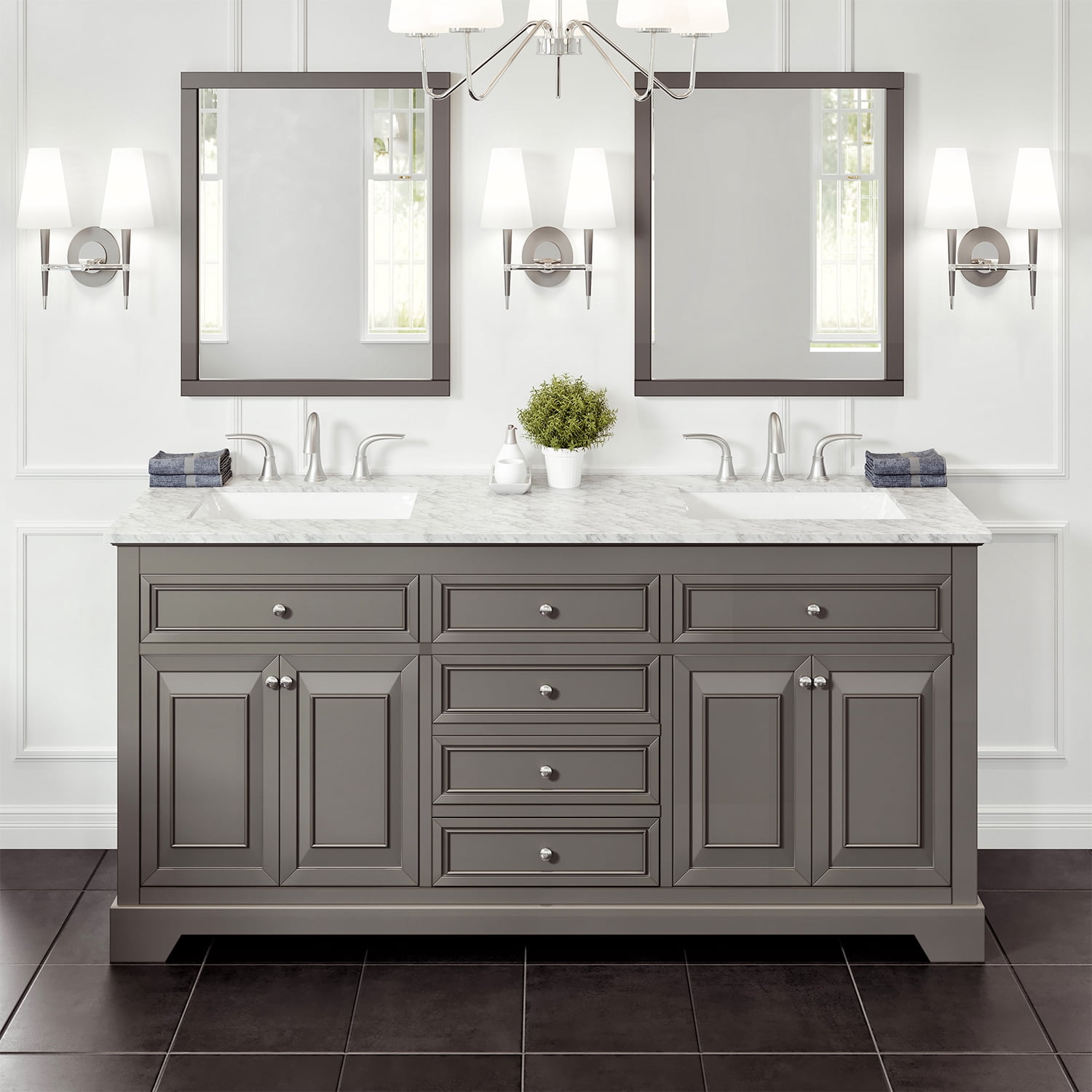 Eviva Monroe 72" Gray Transitional Double Sink Bathroom Vanity w/ White ...