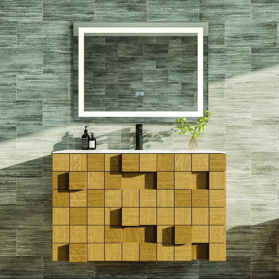 Eviva Mosaic 33 in. Wall Mounted Oak Bathroom Vanity with White Integrated Solid Surface Countertop