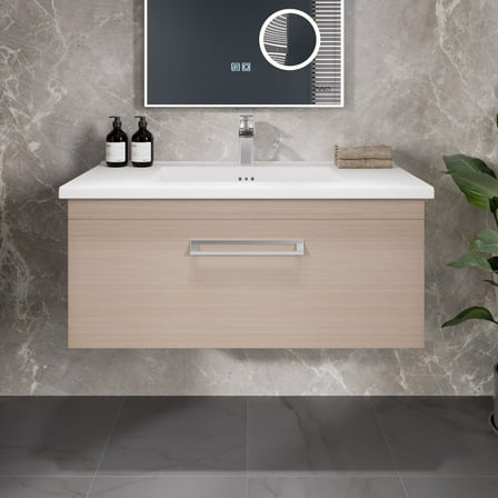 Eviva Orleans 38"W x 20"D Light Oak Wall Mount Bathroom Vanity with White Porcelain Countertop and Integrated Sink