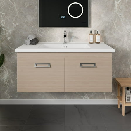 Eviva Orleans 38"W x 20"D Light Oak Wall Mount Bathroom Vanity with White Porcelain Countertop and Integrated Sink