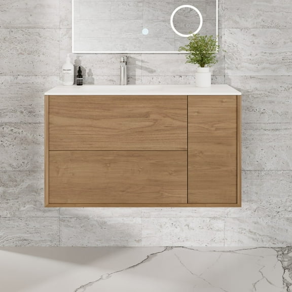 Eviva Prancer 36"W x 20"D Natural Oak Wall Mount Bathroom Vanity with White Solid Surface Countertop and Integrated Sink