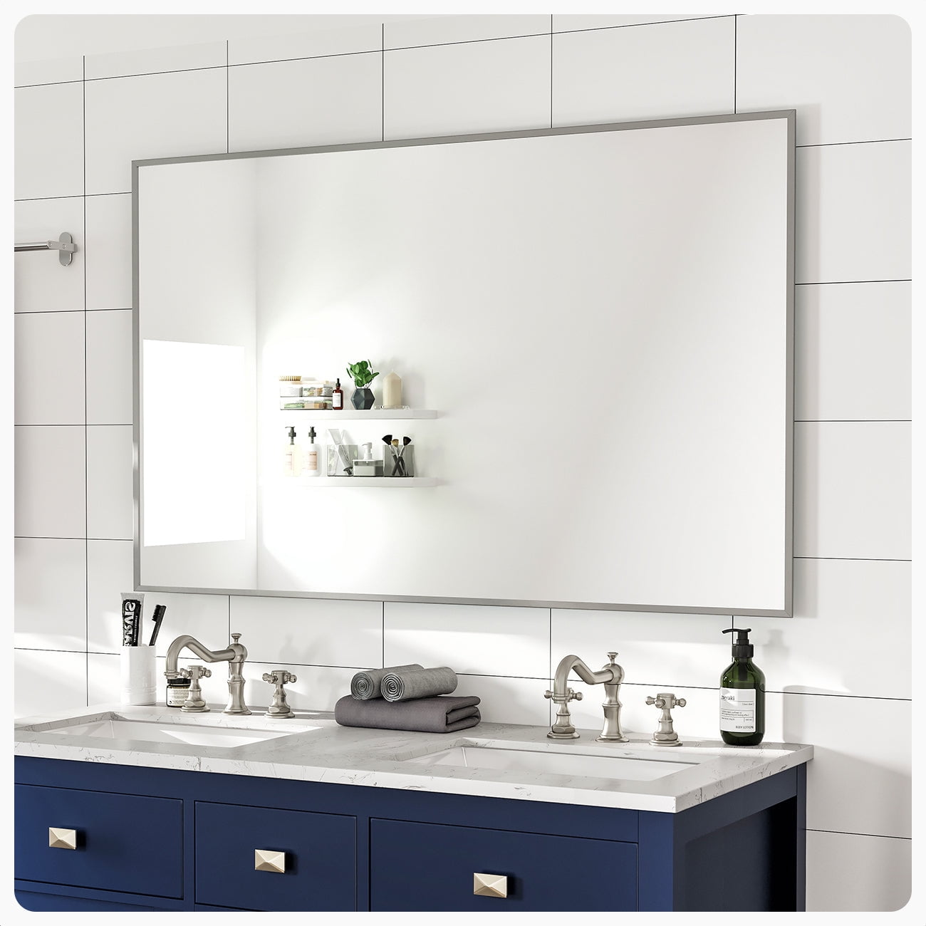 Elegant 48" Brushed Chrome Rectangular Floating Bathroom Vanity Mirror