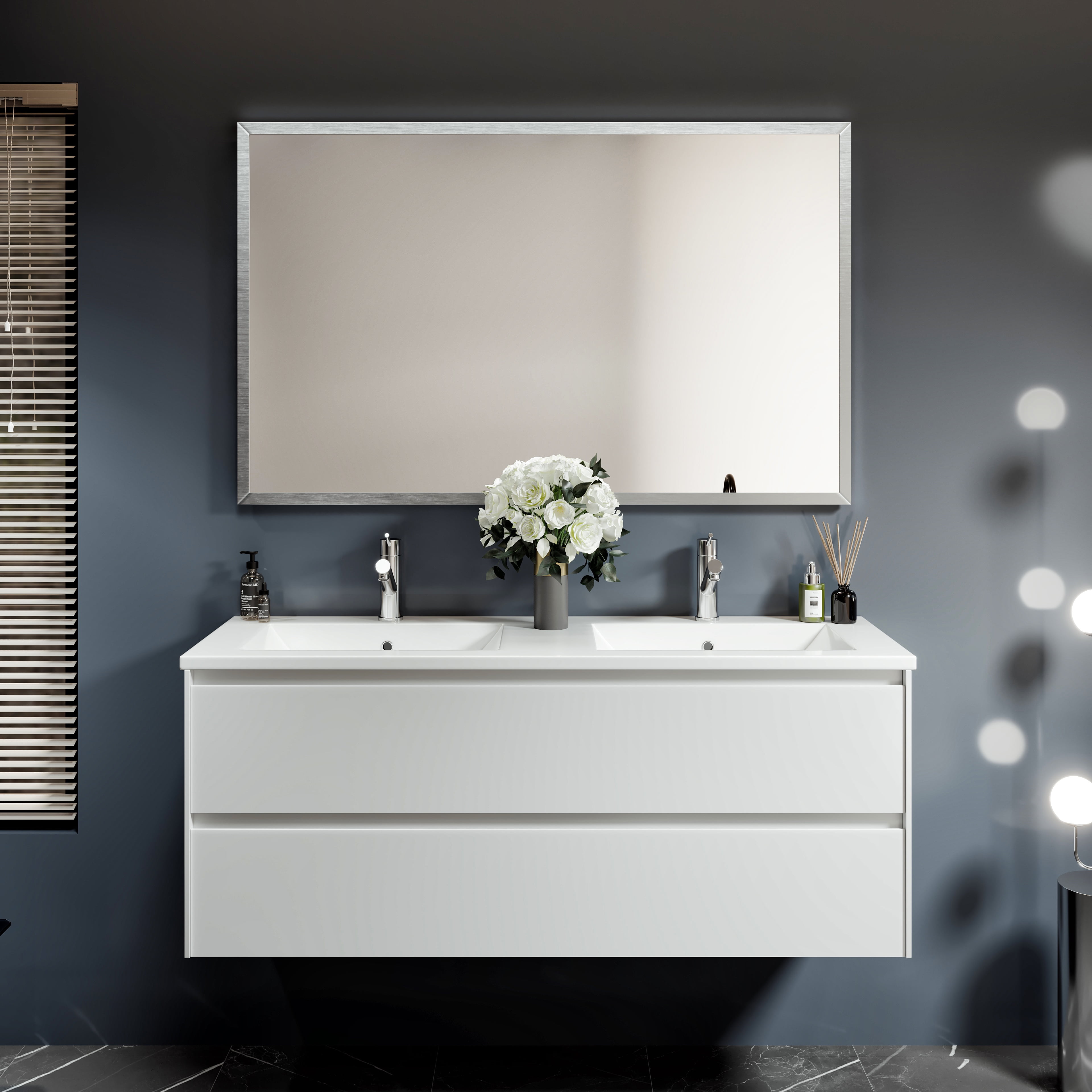Large Brushed Silver Rectangular Metal Bathroom Vanity Mirror