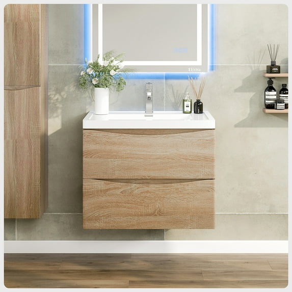 Eviva Smile 30" White Oak Wall Mount Modern Bathroom Vanity w/ White Integrated Top