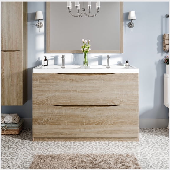 Eviva Smiley 48" White Oak Freestanding Modern Double Sink Bathroom Vanity w/ White Integrated Top