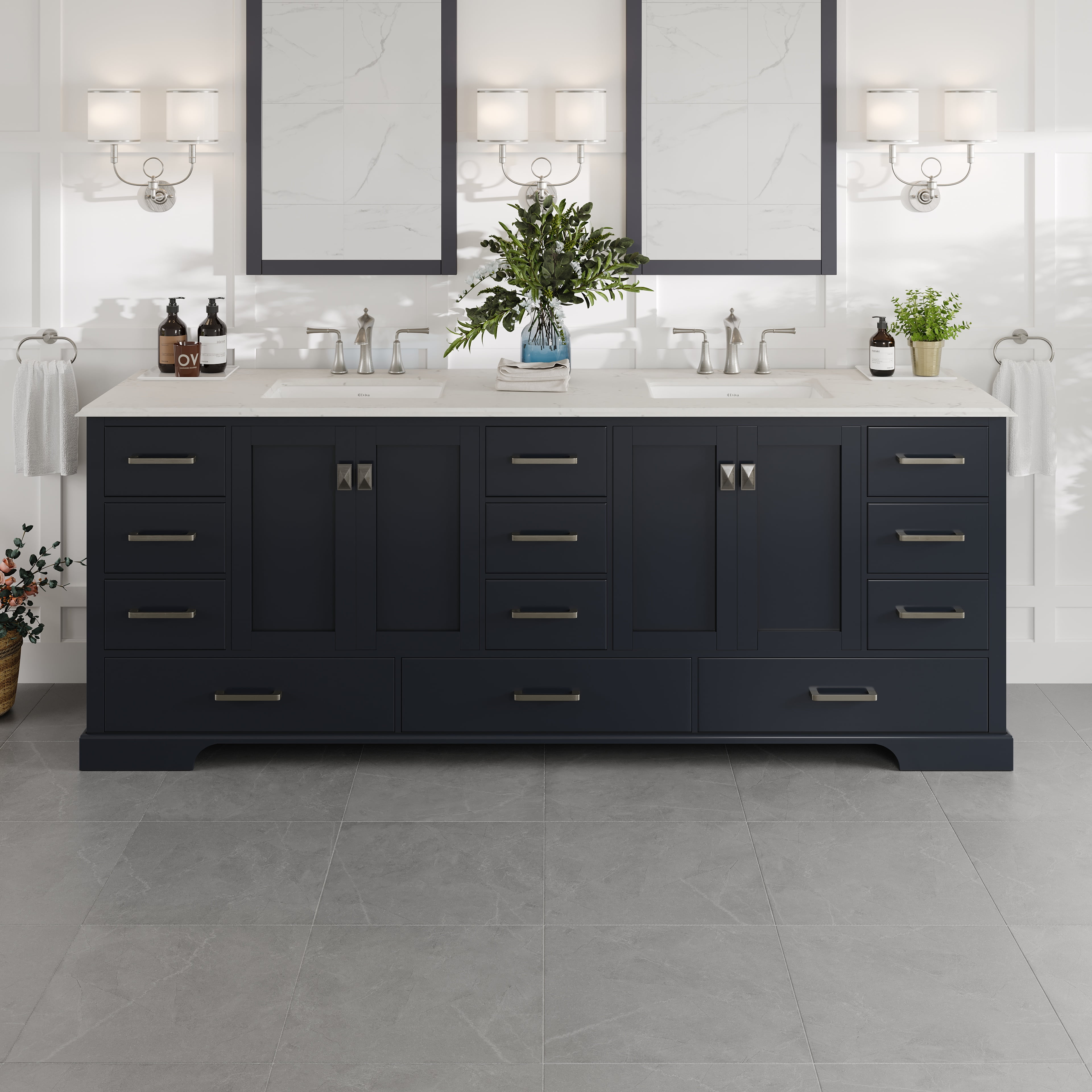 Storehouse 84 in. Dark Gray Double Sink Bath Vanity with Carrara Quartz ...