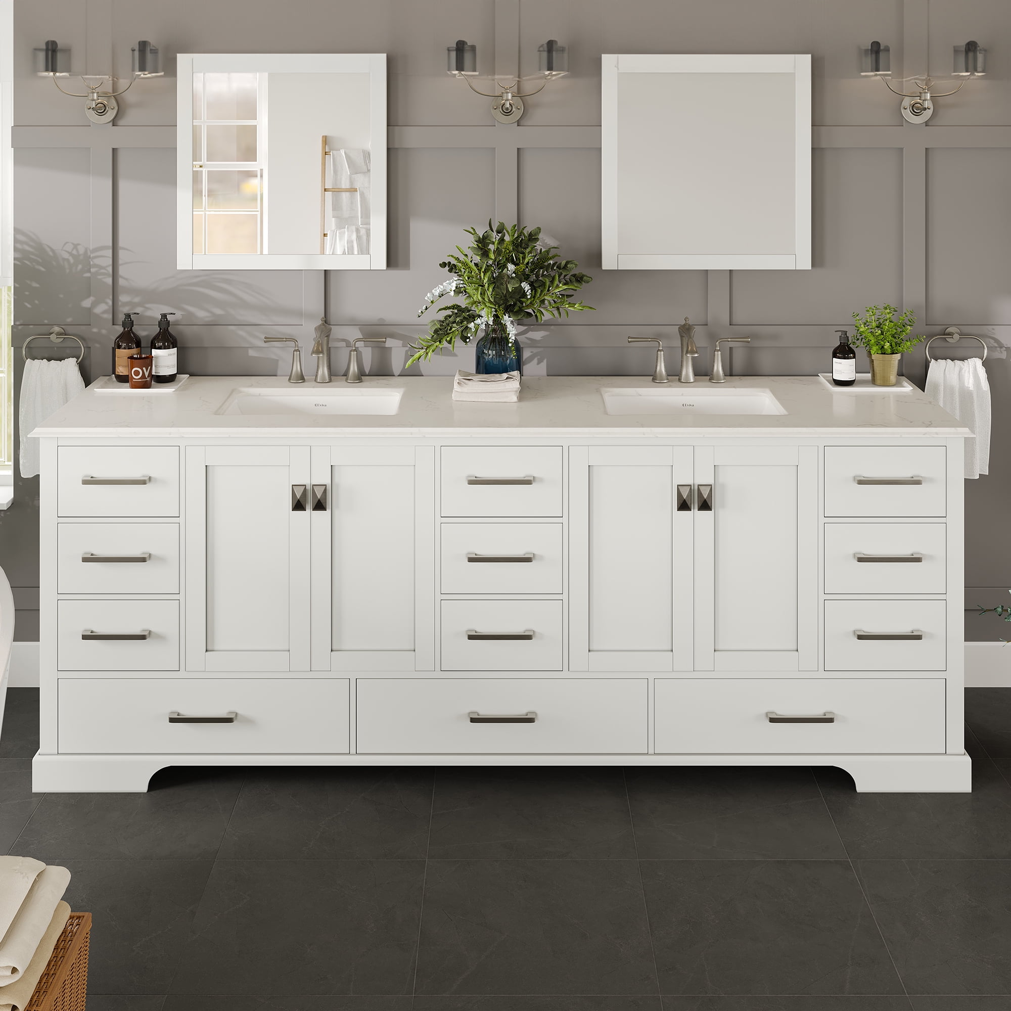 Eviva Storehouse 84" White Double Vanity with Carrara Marble Top