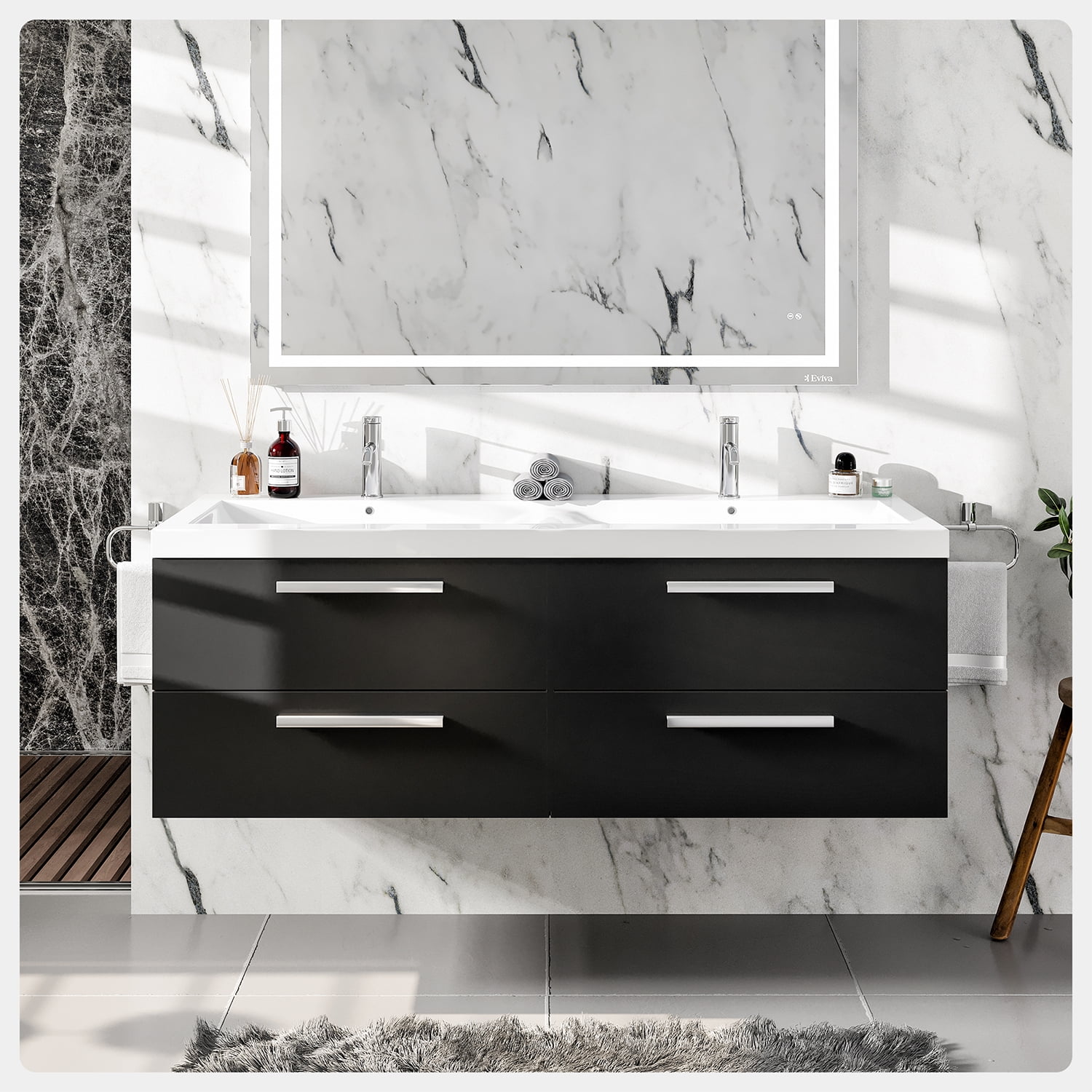 Eviva Surf 57 Black Wood Modern Bathroom Vanity Set with Integrated White Acrylic Double Sink