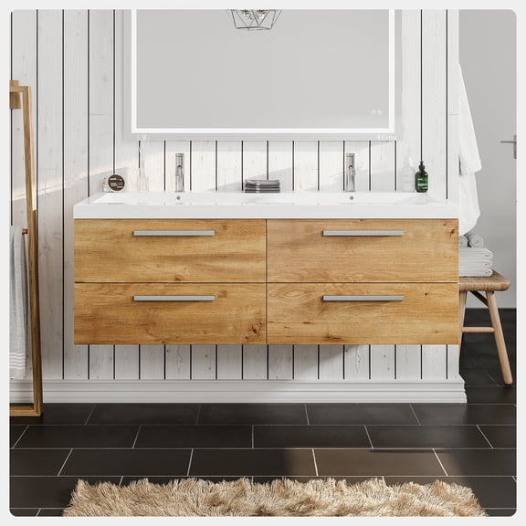 Eviva Surf 57" Natural Oak Modern Bathroom Vanity Set with Integrated White Acrylic Double Sink