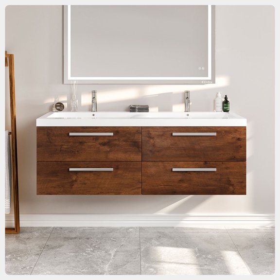 Eviva Surf 57" Rosewood Modern Bathroom Vanity Set with Integrated White Acrylic Double Sink