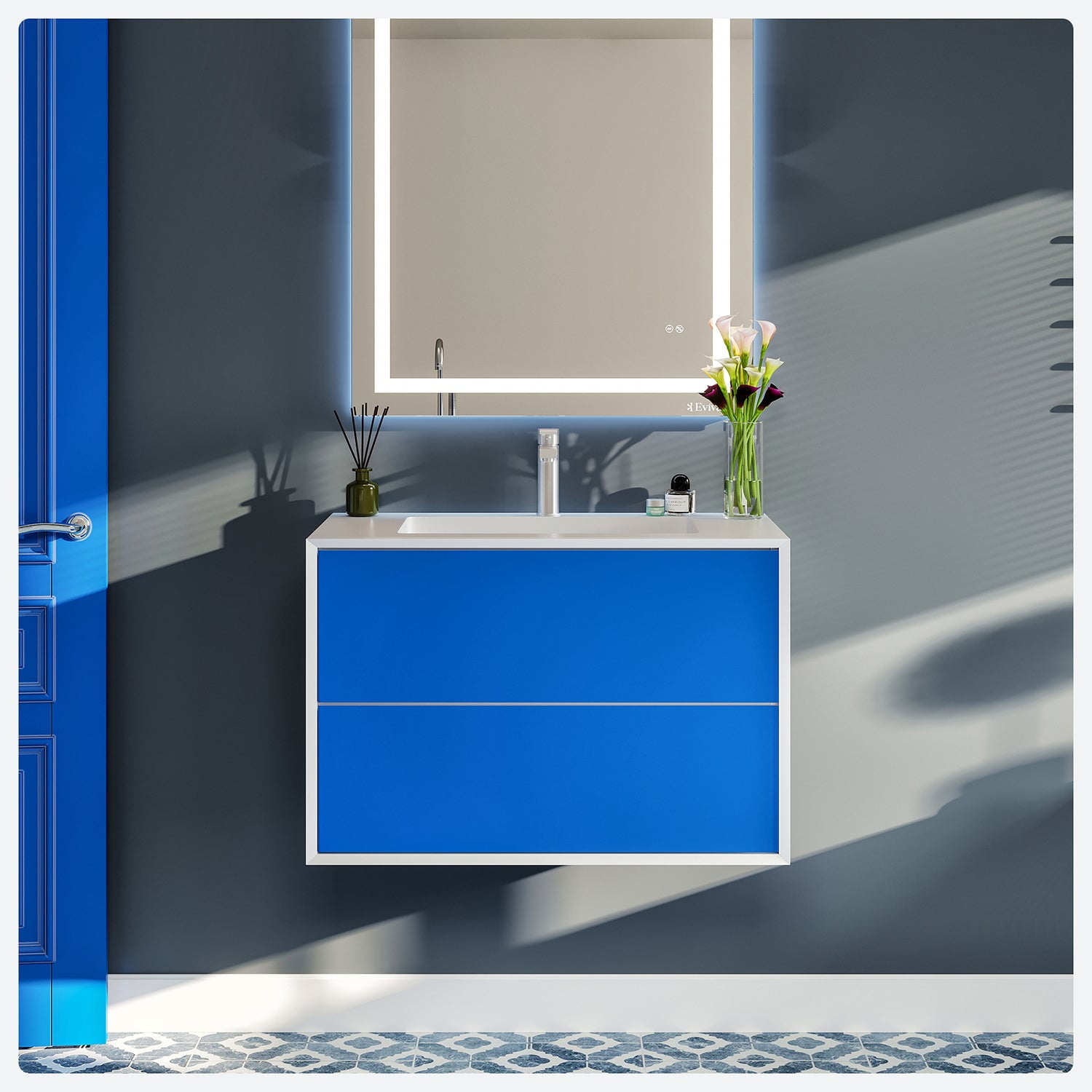 Vienna 36" Blue and White Wall-Mount Bathroom Vanity with Integrated Acrylic Top