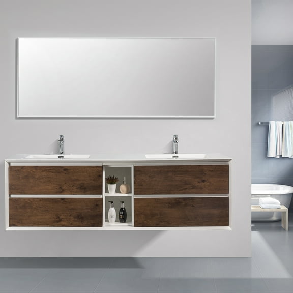 Eviva Vienna 75" Rosewood w/ White Frame Wall Mount Double Sink Bathroom Vanity w/ White Integrated Top