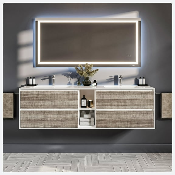 Eviva Vienna 75 inch Ash White Wall Mount Bathroom Vanity with White Integrated Acrylic Sinks