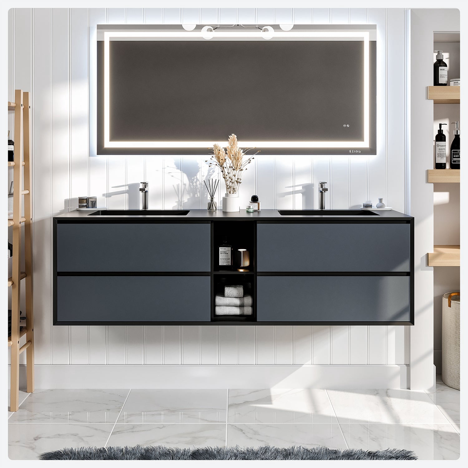 Eviva Vienna 75 inch Gray Black Wall Mount Bathroom Vanity with White Integrated Acrylic Sinks