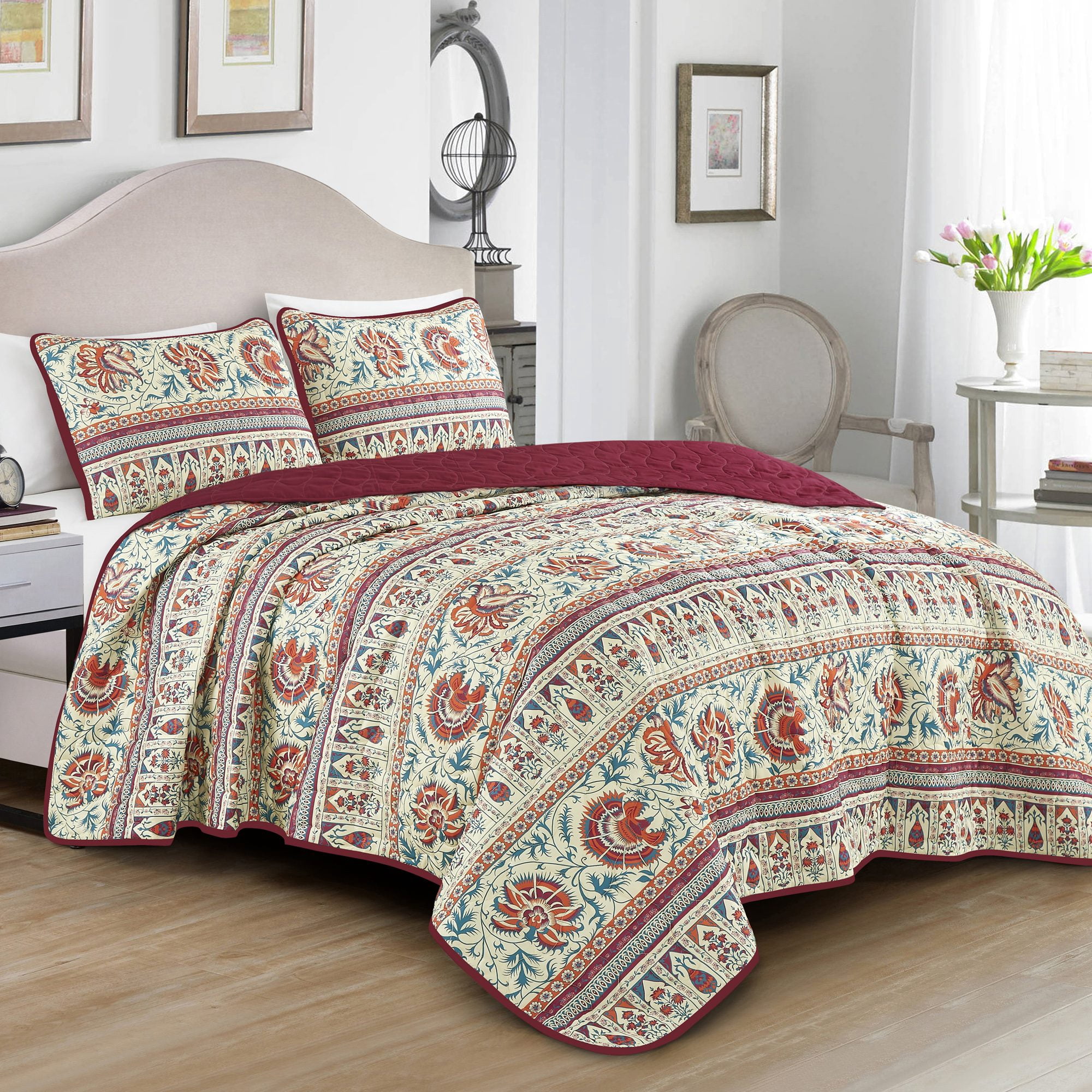 Evjk 3-Piece Decorative Lightweight Bedspread Set – Durable, Microfiber with Decorative Print, Queen