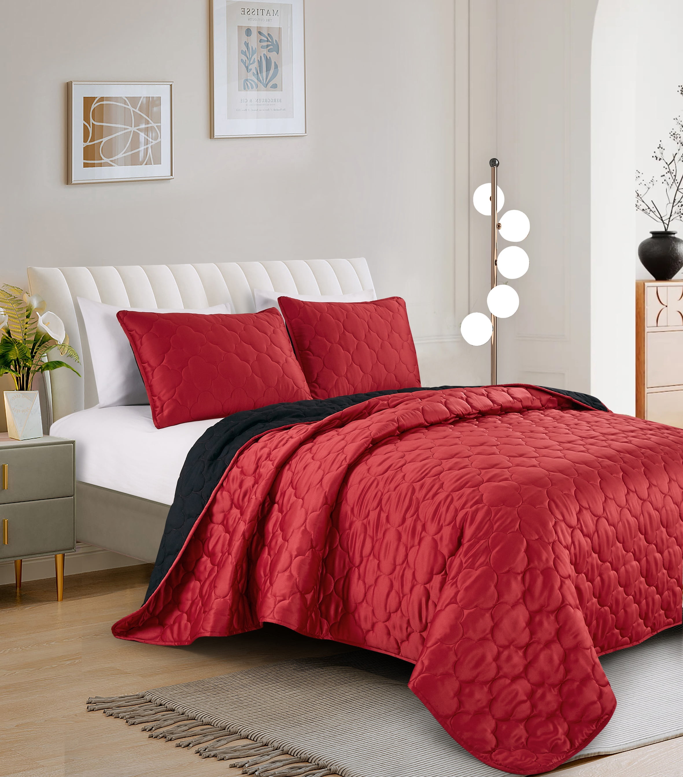 Evjk 3-Piece Decorative Lightweight Bedspread Set – Durable, Satin with Decorative Solid, Queen