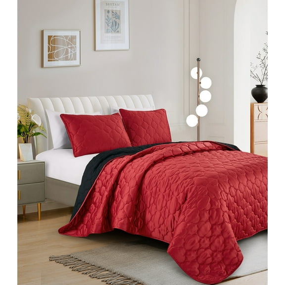 Evjk 3-Piece Decorative Lightweight Bedspread Set – Durable, Satin with Decorative Solid, Queen