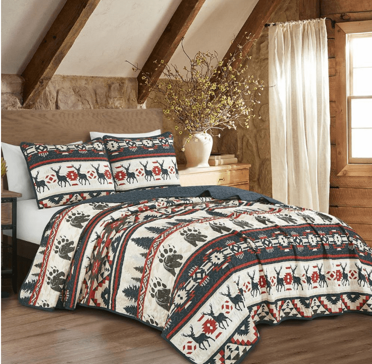 Evjk 3-Piece Quilt Set – Rustic Lodge Cabin Style Bedspread with Elk & Bear Print,Queen