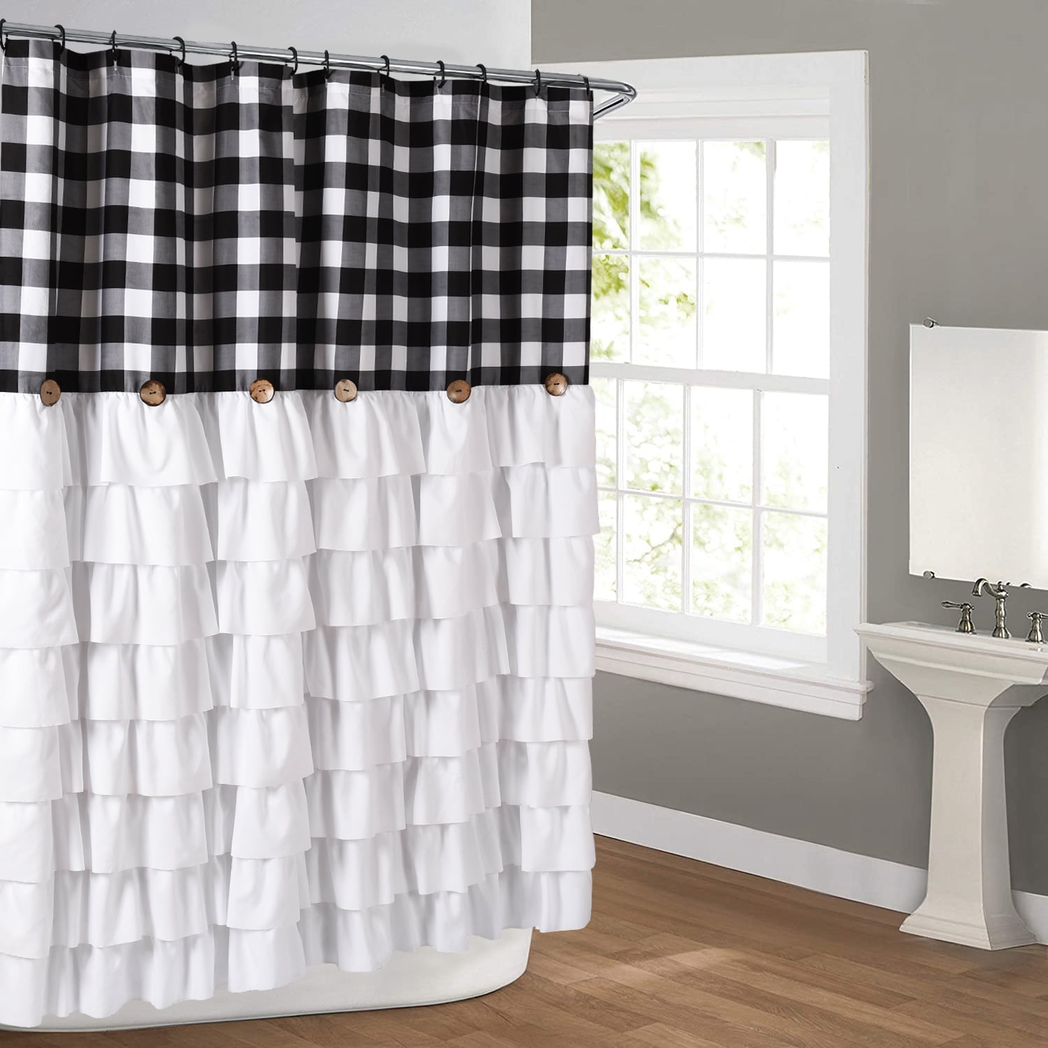 Evjk Gingham Microfiber Shower Curtain 72x72 Chic Black White Pleated with Button Accents Modern Bathroom Upgrade