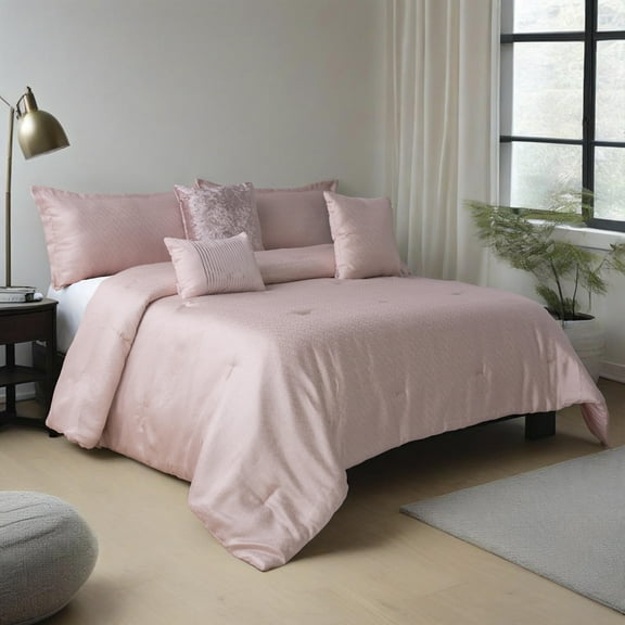Evjk Mountain Ranges 6-Piece King Comforter Set - Pink Jacquard & Brushed Fabric, 2 Pillowshams and 3 Decorative Pillows, Luxury Hotel Style